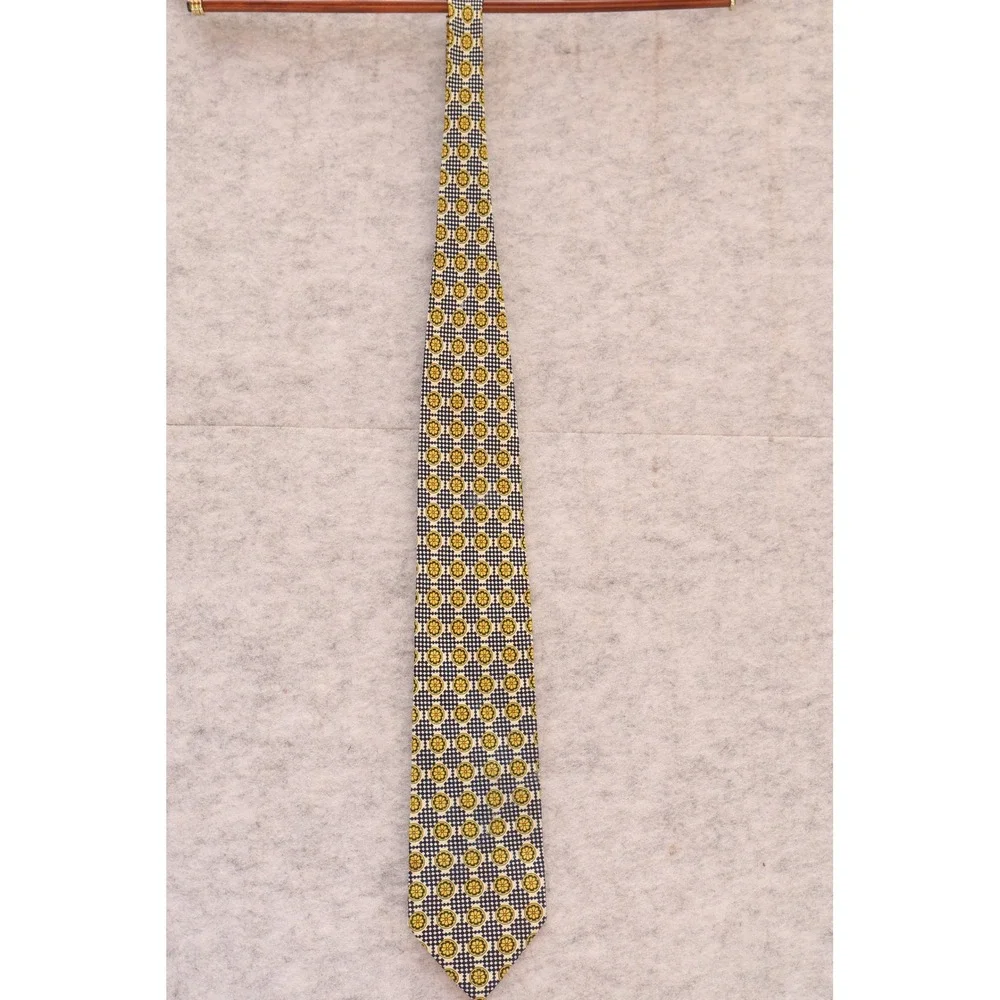 Laurant Benon Paris Mens Tie Navy Yellow Geometric Floral Pattern Polyester
